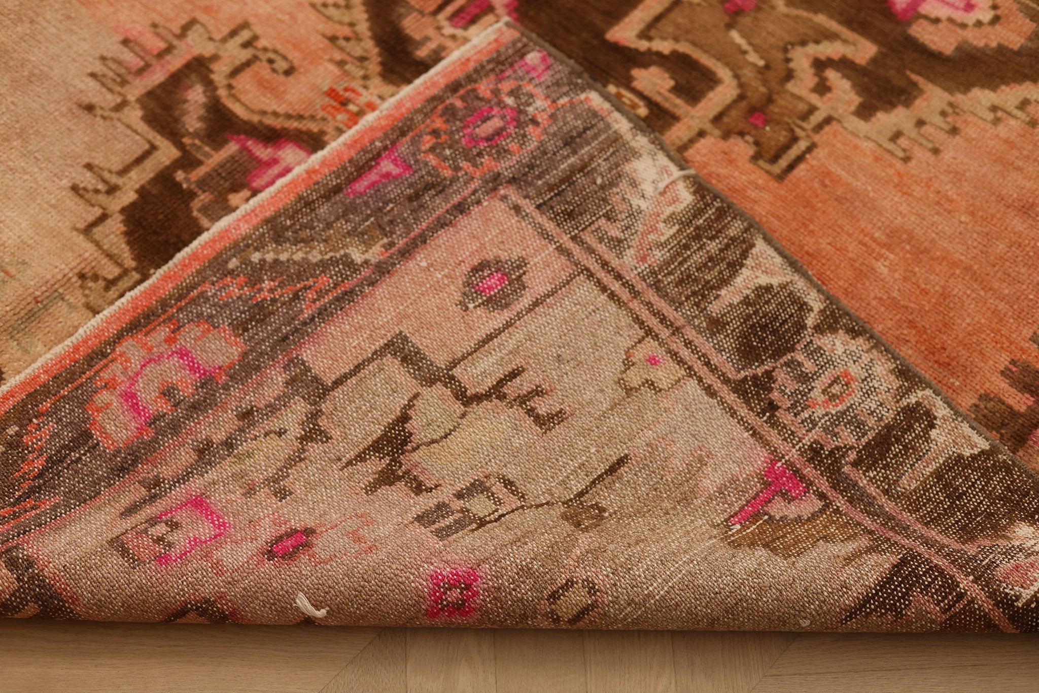 Vintage Van Turkish Area Rug 6x14 ft — Orange & Brown Geometric