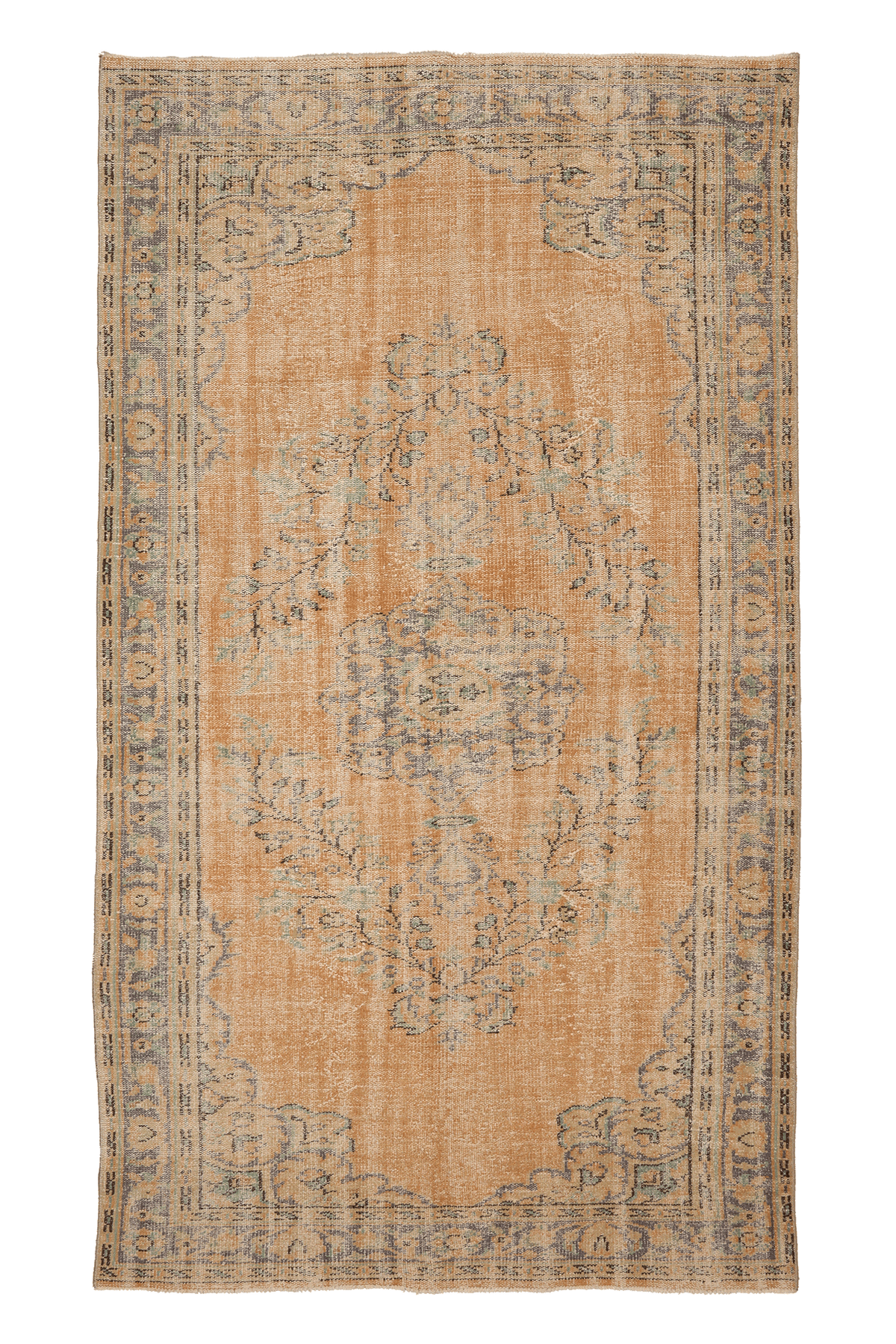 Vintage Manisa Turkish Area Rug 5x9 ft — Orange & Blue Distressed