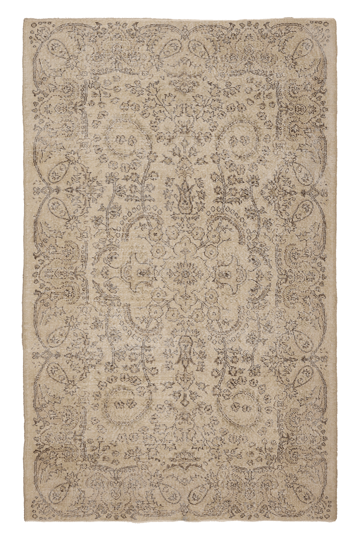 Vintage Isparta Turkish Area Rug 5x8 ft — Beige & Brown Floral (No. 40168)