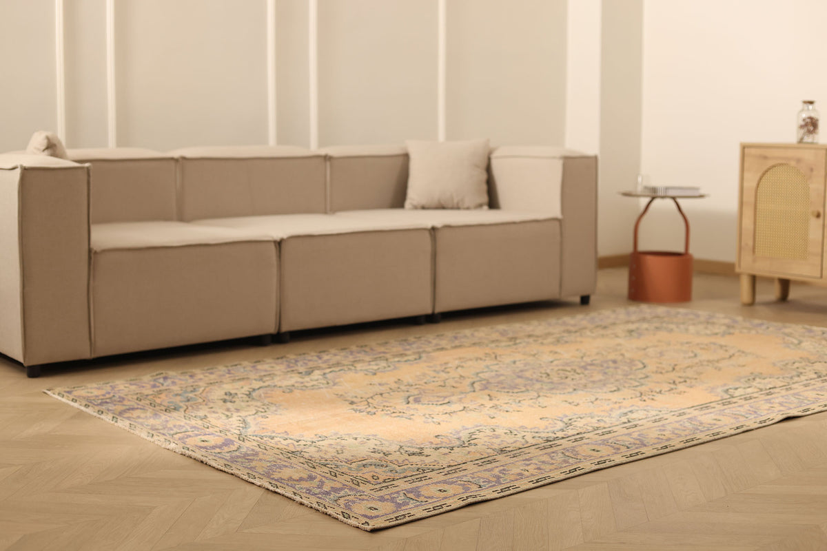 Vintage Manisa Turkish Area Rug 5x9 ft — Orange & Blue Floral (No. 40170)