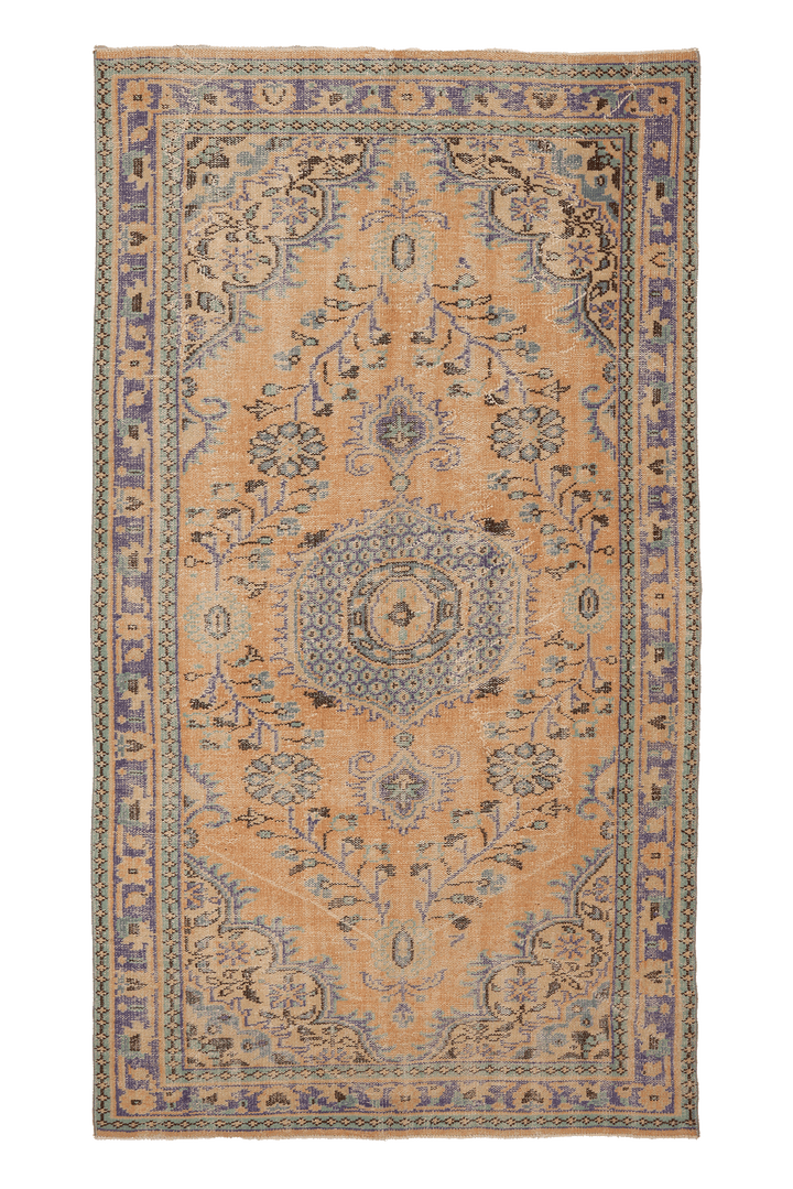 Vintage Manisa Turkish Area Rug 5x9 ft — Orange & Blue Floral (No. 40171)