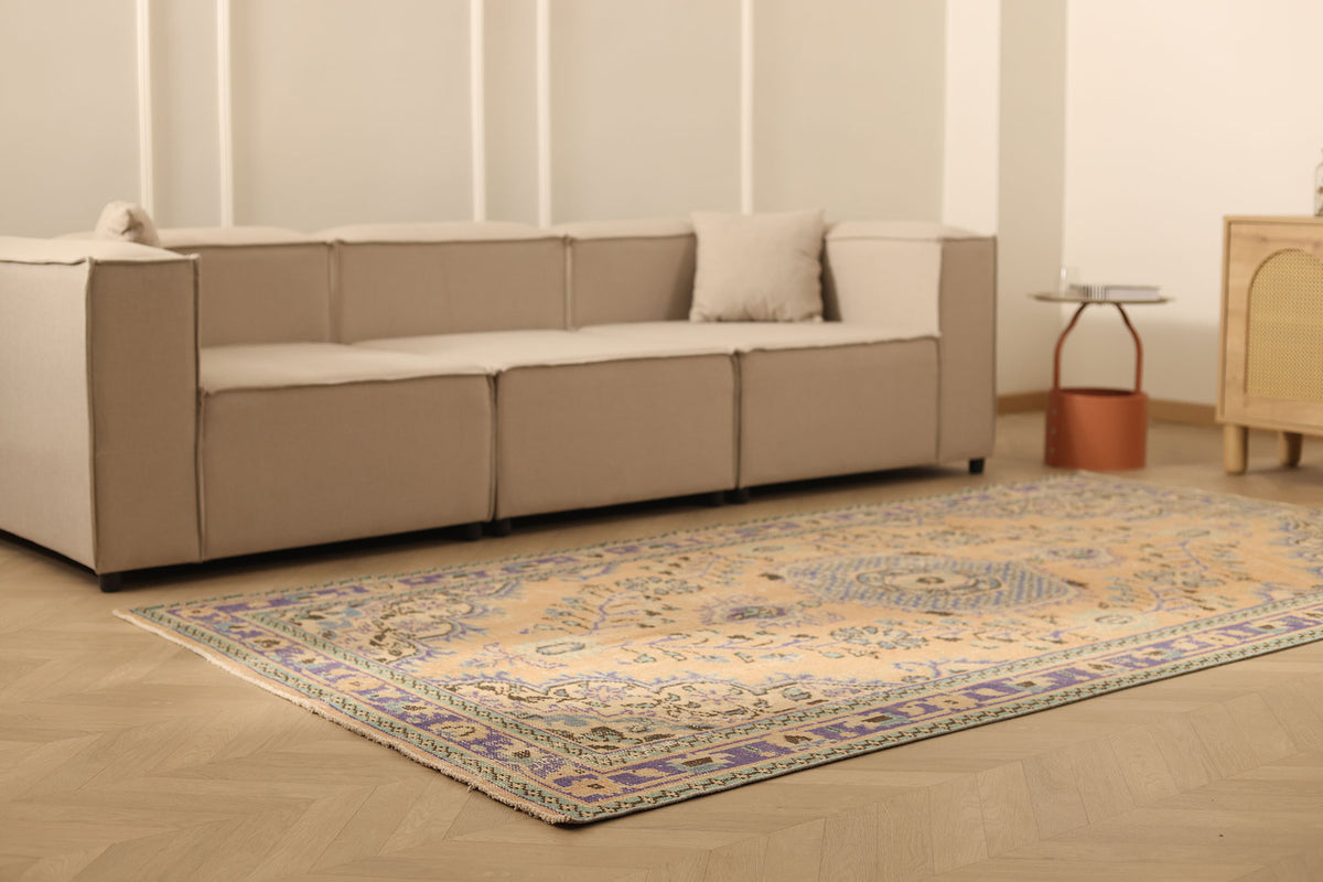 Vintage Manisa Turkish Area Rug 5x9 ft — Orange & Blue Floral (No. 40171)