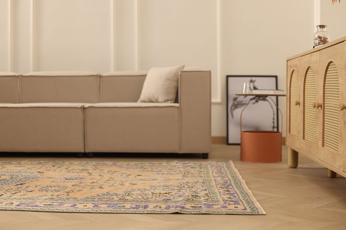 Vintage Manisa Turkish Area Rug 5x9 ft — Orange & Blue Floral (No. 40171)