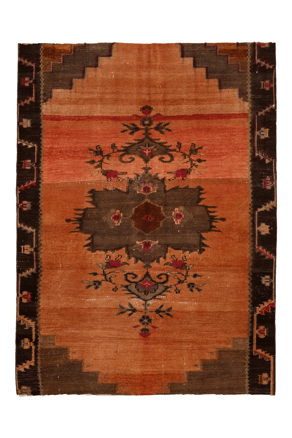 Vintage Van Turkish Area Rug 5x7 ft — Orange & Brown Floral