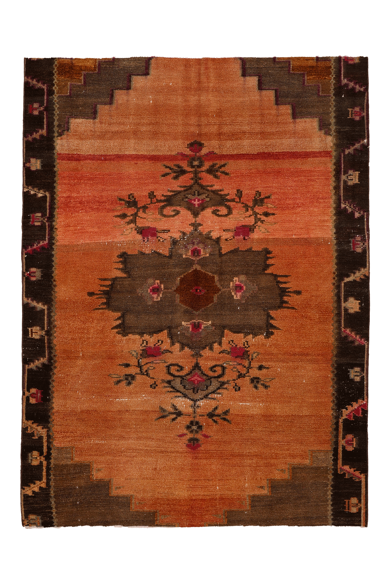 Vintage Van Turkish Area Rug 5x7 ft — Orange & Brown Floral