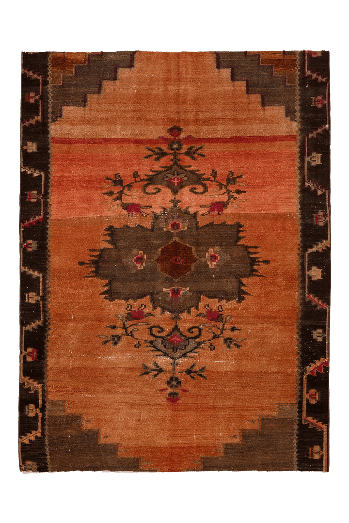 Vintage Van Turkish Area Rug 5x7 ft — Orange & Brown Floral