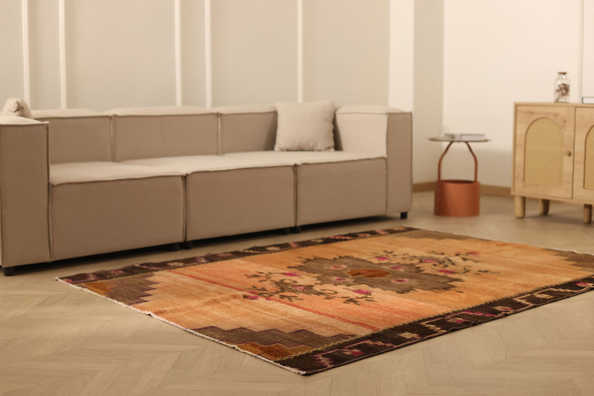 Vintage Van Turkish Area Rug 5x7 ft — Orange & Brown Floral