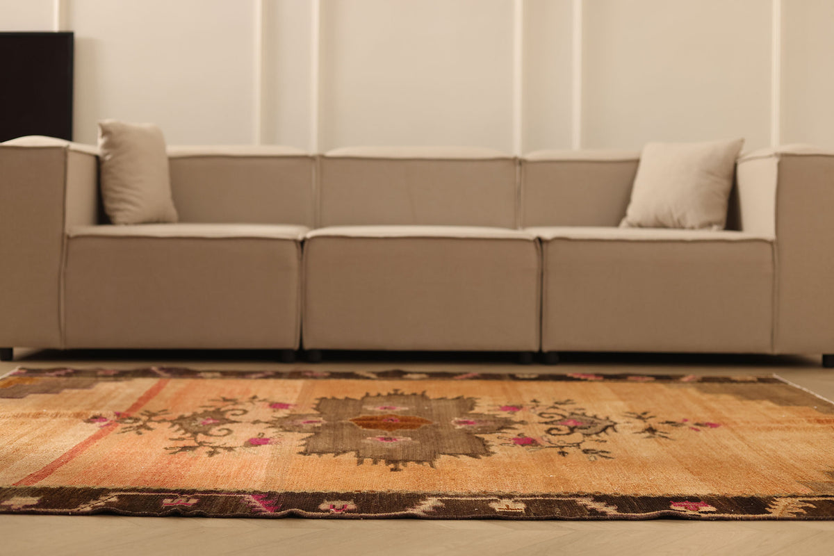 Vintage Van Turkish Area Rug 5x7 ft — Orange & Brown Floral
