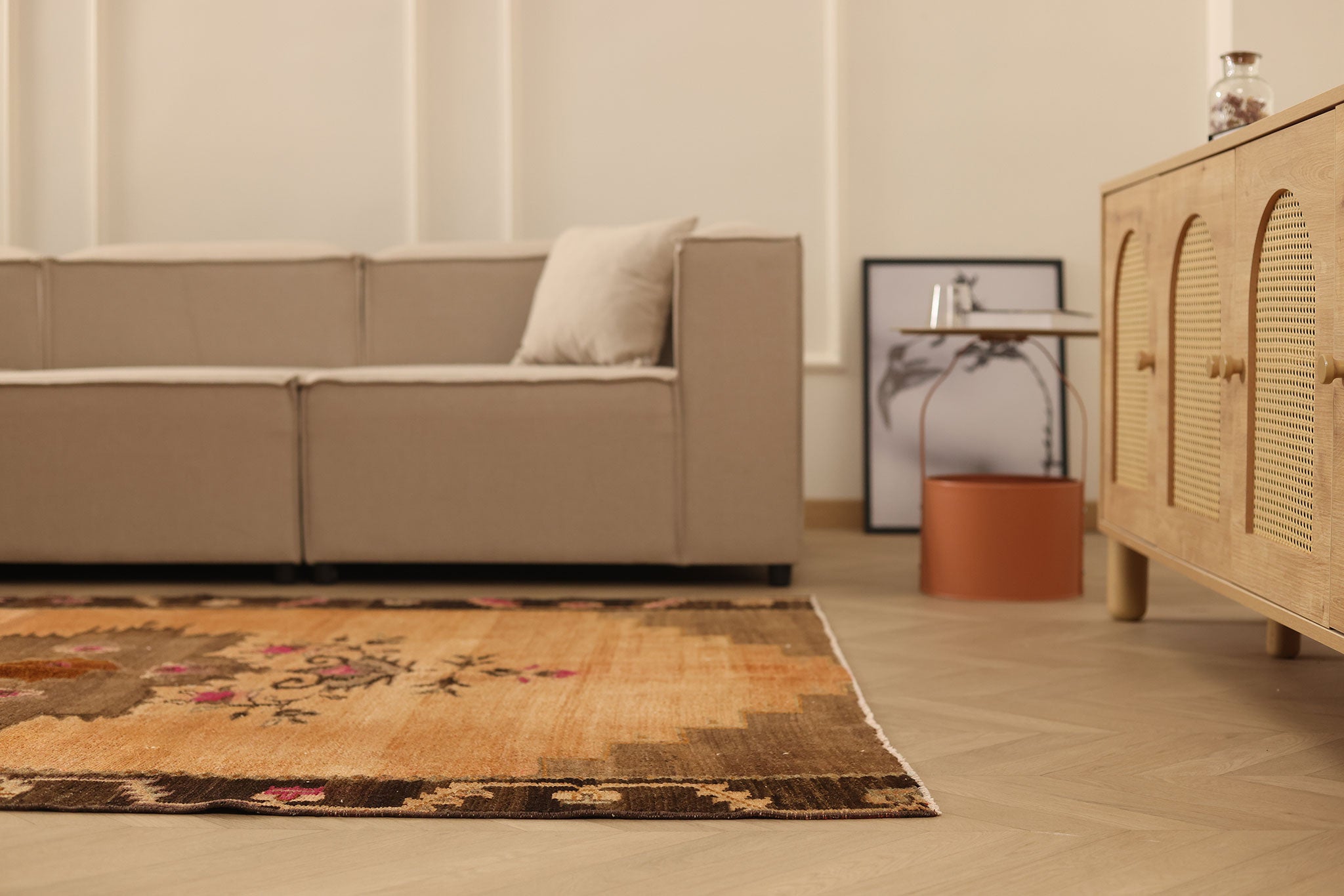 Vintage Van Turkish Area Rug 5x7 ft — Orange & Brown Floral