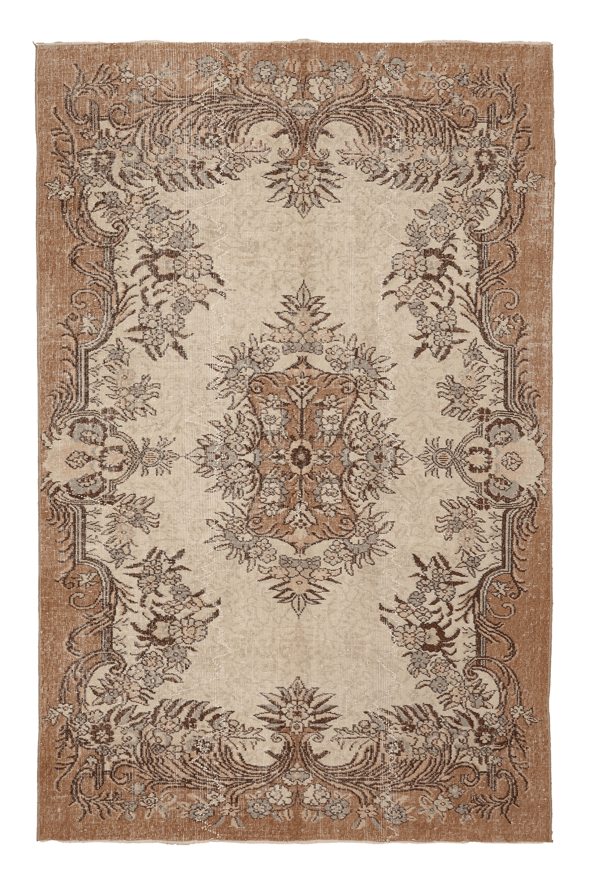 Vintage Isparta Turkish Area Rug 5x8 ft — Beige & Brown Floral (No. 40177)