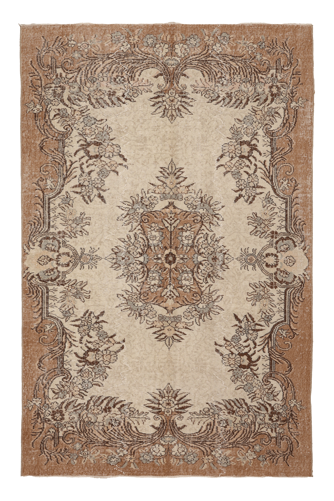 Vintage Isparta Turkish Area Rug 5x8 ft — Beige & Brown Floral (No. 40177)
