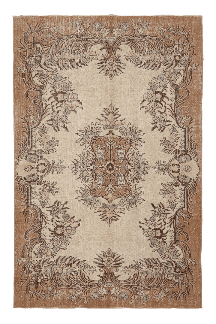 Vintage Isparta Turkish Area Rug 5x8 ft — Beige & Brown Floral (No. 40177)