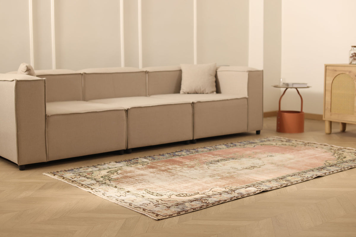 Vintage Manisa Turkish Area Rug 4x8 ft — Pink & Beige Distressed