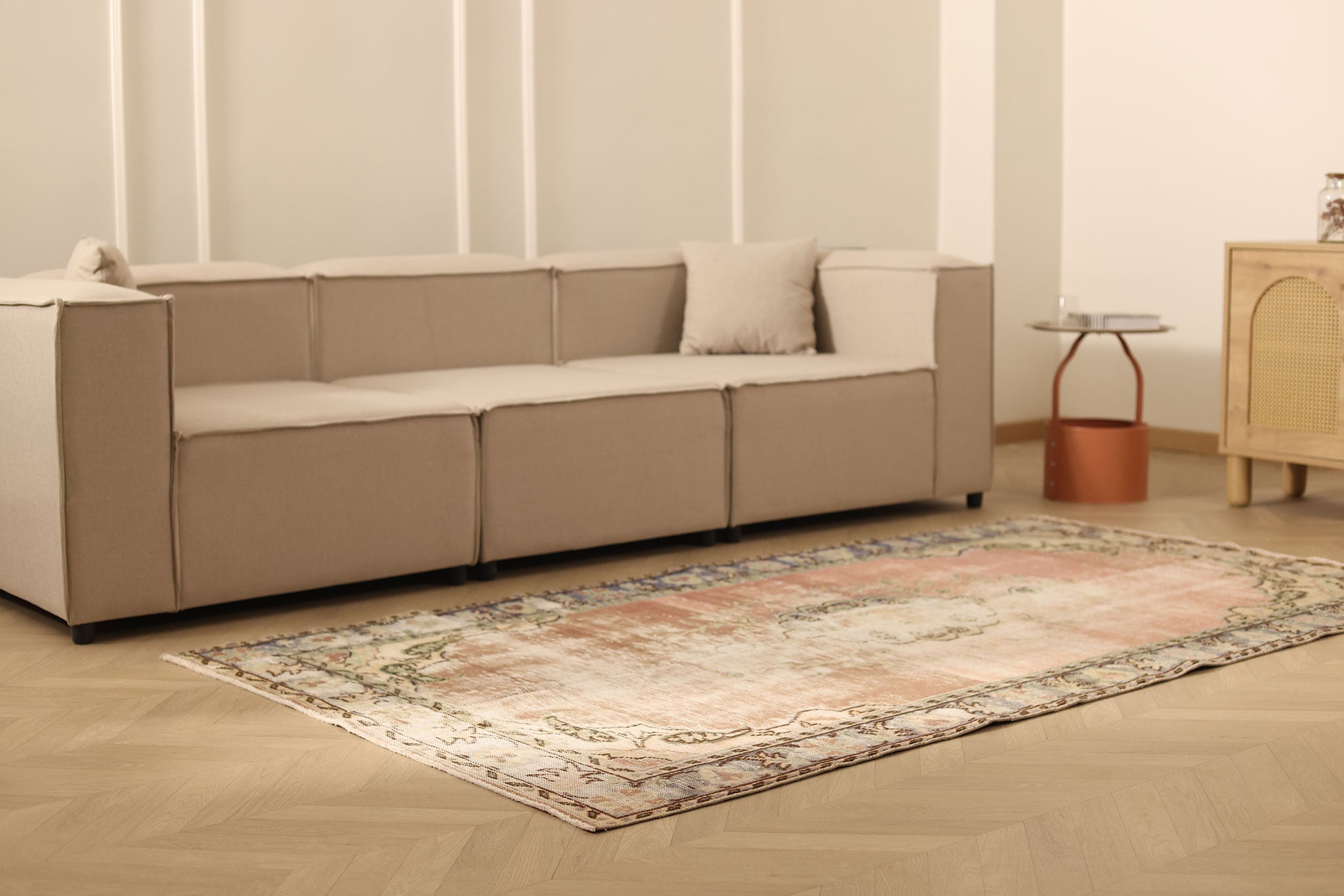 Vintage Manisa Turkish Area Rug 4x8 ft — Pink & Beige Distressed