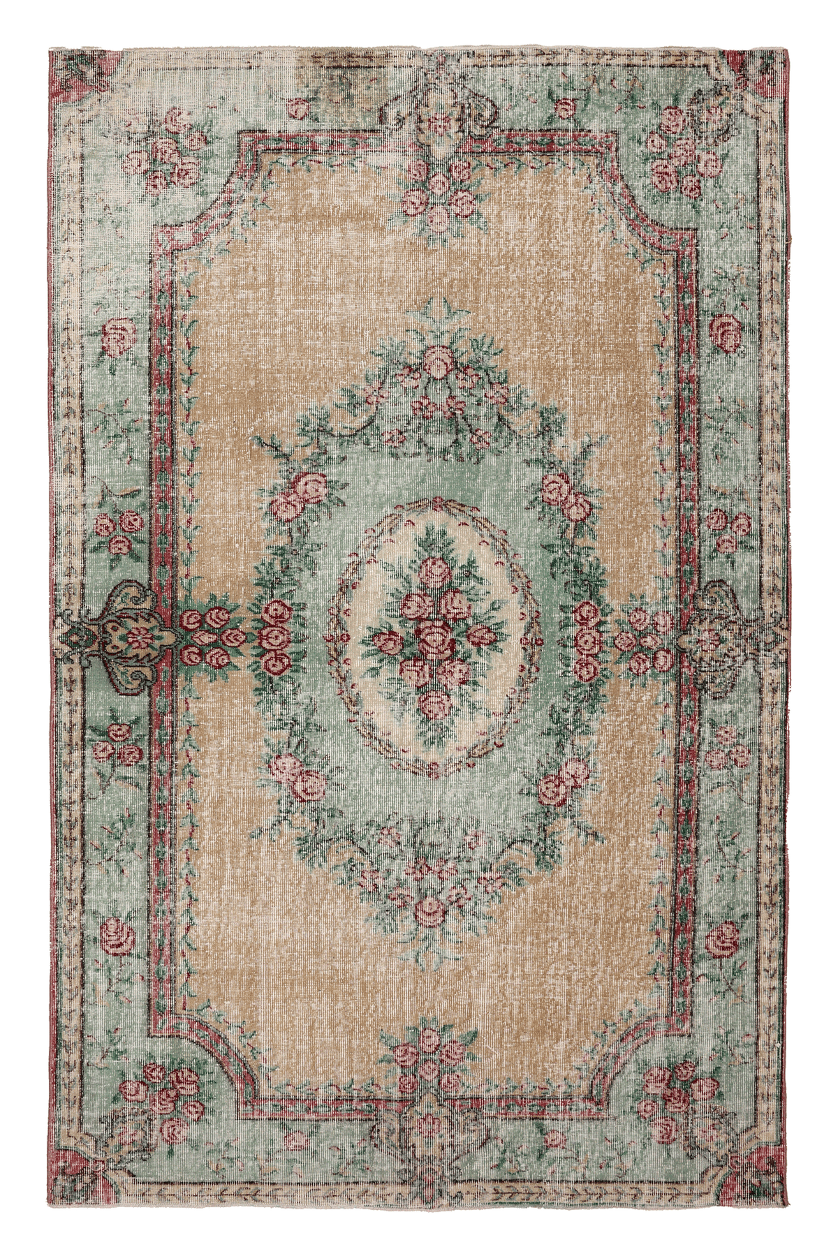 Vintage Isparta Turkish Area Rug 5x8 ft — Beige & Green Floral (No. 40184)