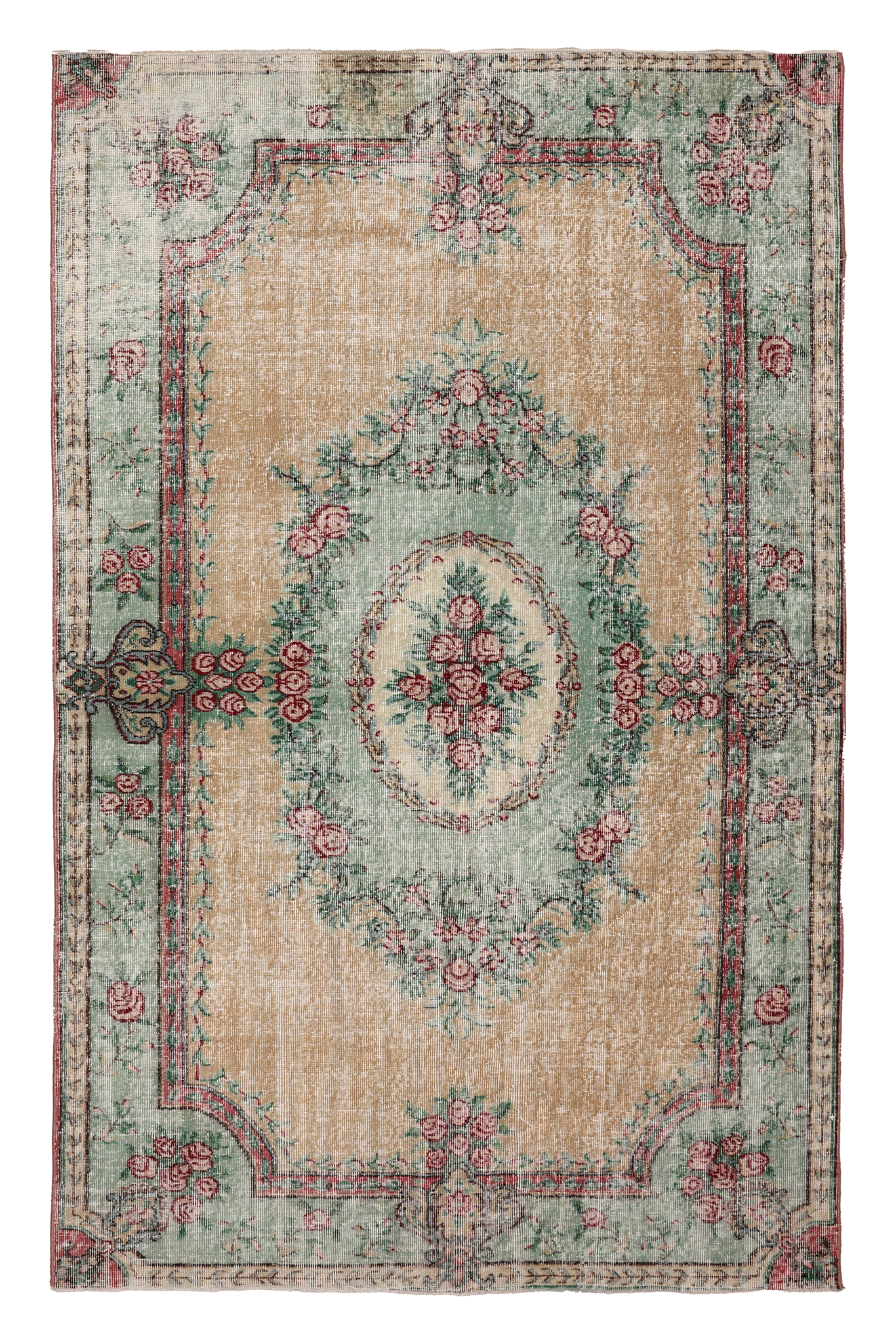 Vintage Isparta Turkish Area Rug 5x8 ft — Beige & Green Floral (No. 40184)