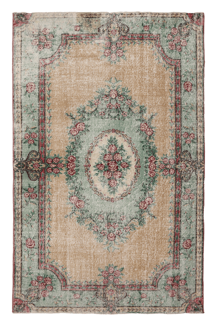 Vintage Isparta Turkish Area Rug 5x8 ft — Beige & Green Floral (No. 40184)