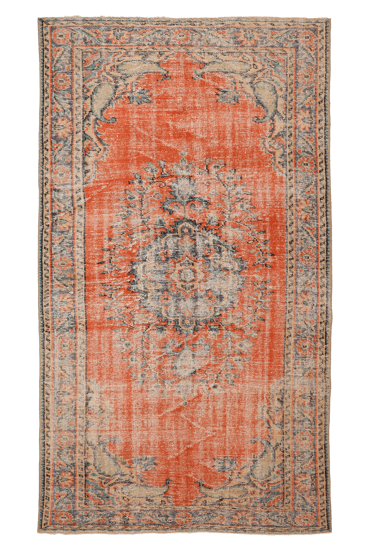 Vintage Manisa Turkish Area Rug 5x8 ft — Orange & Blue Distressed