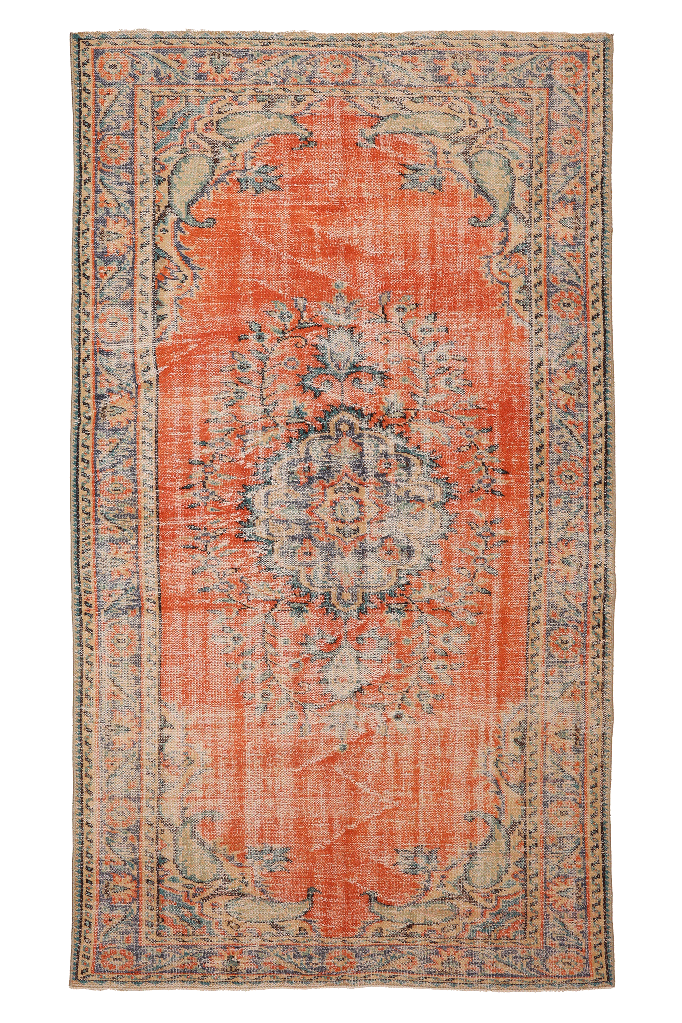 Vintage Manisa Turkish Area Rug 5x8 ft — Orange & Blue Distressed
