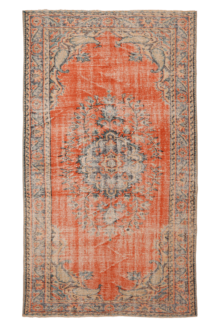 Vintage Manisa Turkish Area Rug 5x8 ft — Orange & Blue Distressed