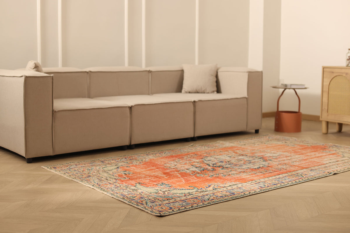 Vintage Manisa Turkish Area Rug 5x8 ft — Orange & Blue Distressed