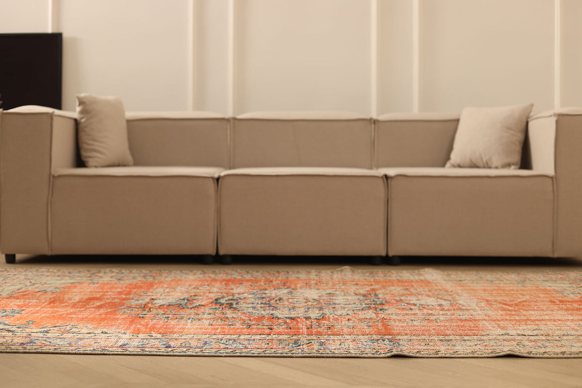 Vintage Manisa Turkish Area Rug 5x8 ft — Orange & Blue Distressed