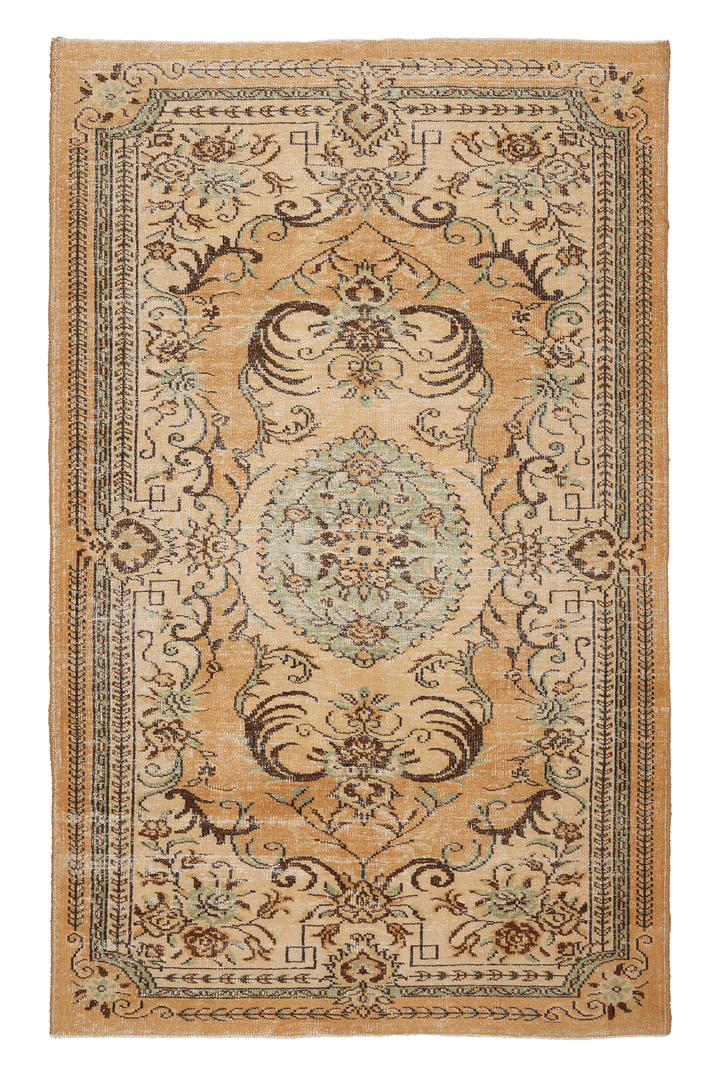 Vintage Manisa Turkish Area Rug 5x9 ft — Orange & Brown Floral