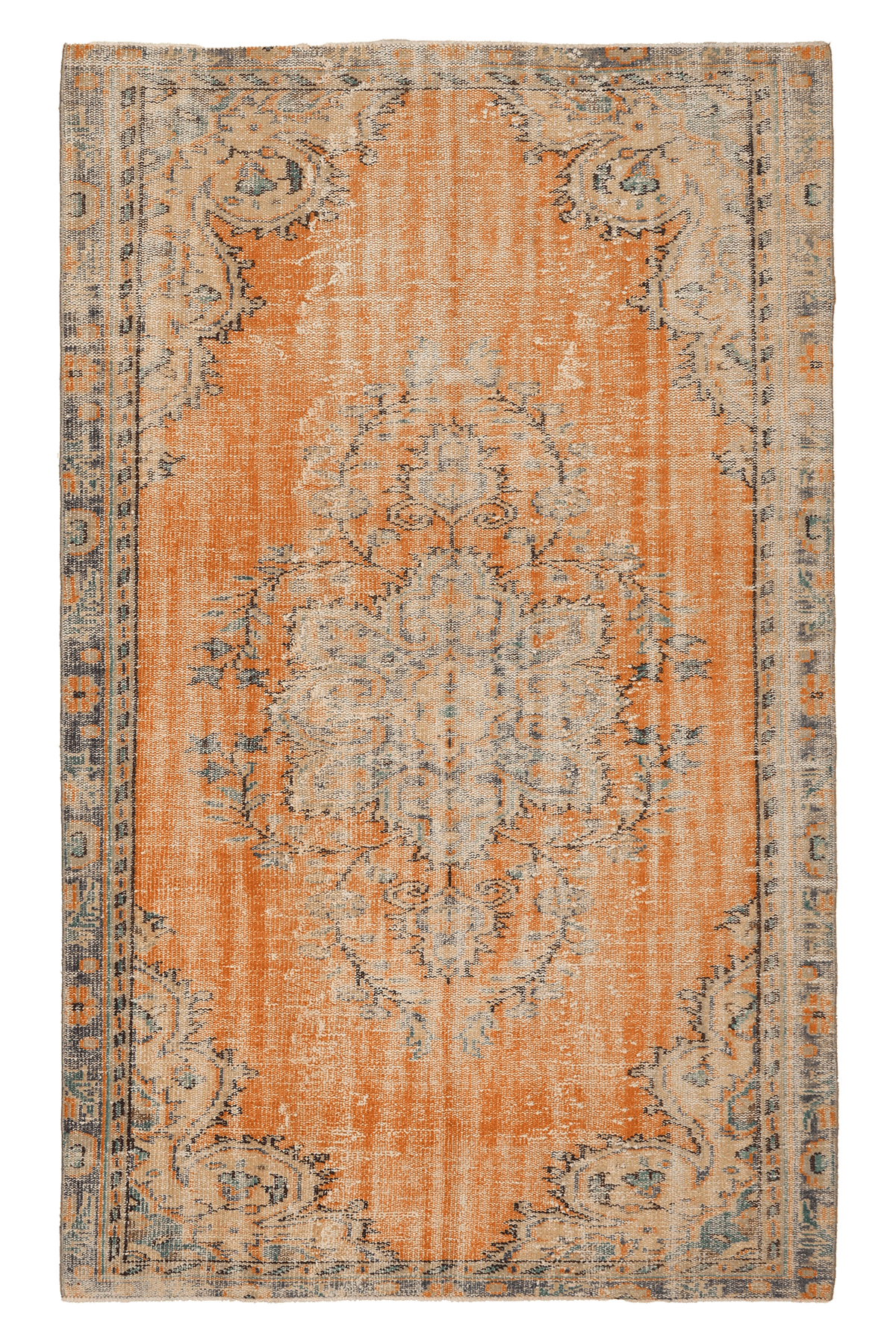 Vintage Manisa Turkish Area Rug 5x8 ft — Orange & Blue Distressed (No. 40192)