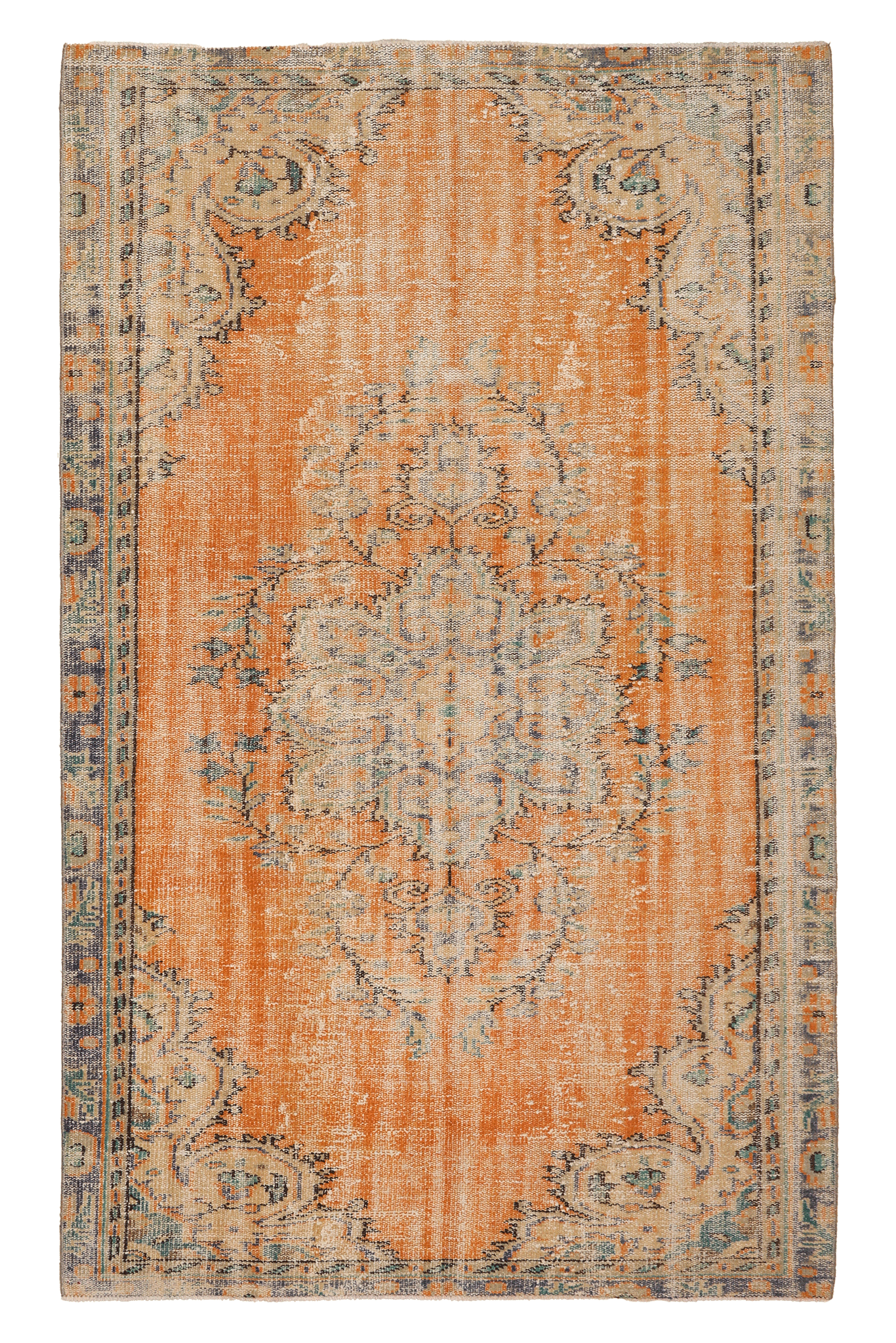 Vintage Manisa Turkish Area Rug 5x8 ft — Orange & Blue Distressed (No. 40192)