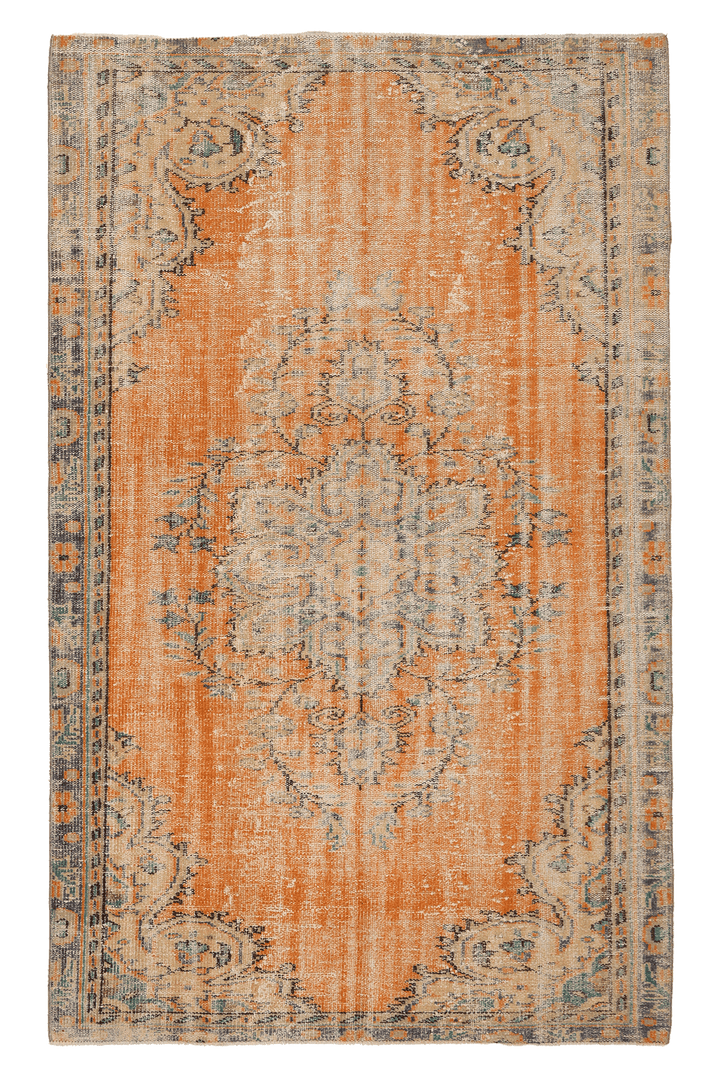 Vintage Manisa Turkish Area Rug 5x8 ft — Orange & Blue Distressed (No. 40192)