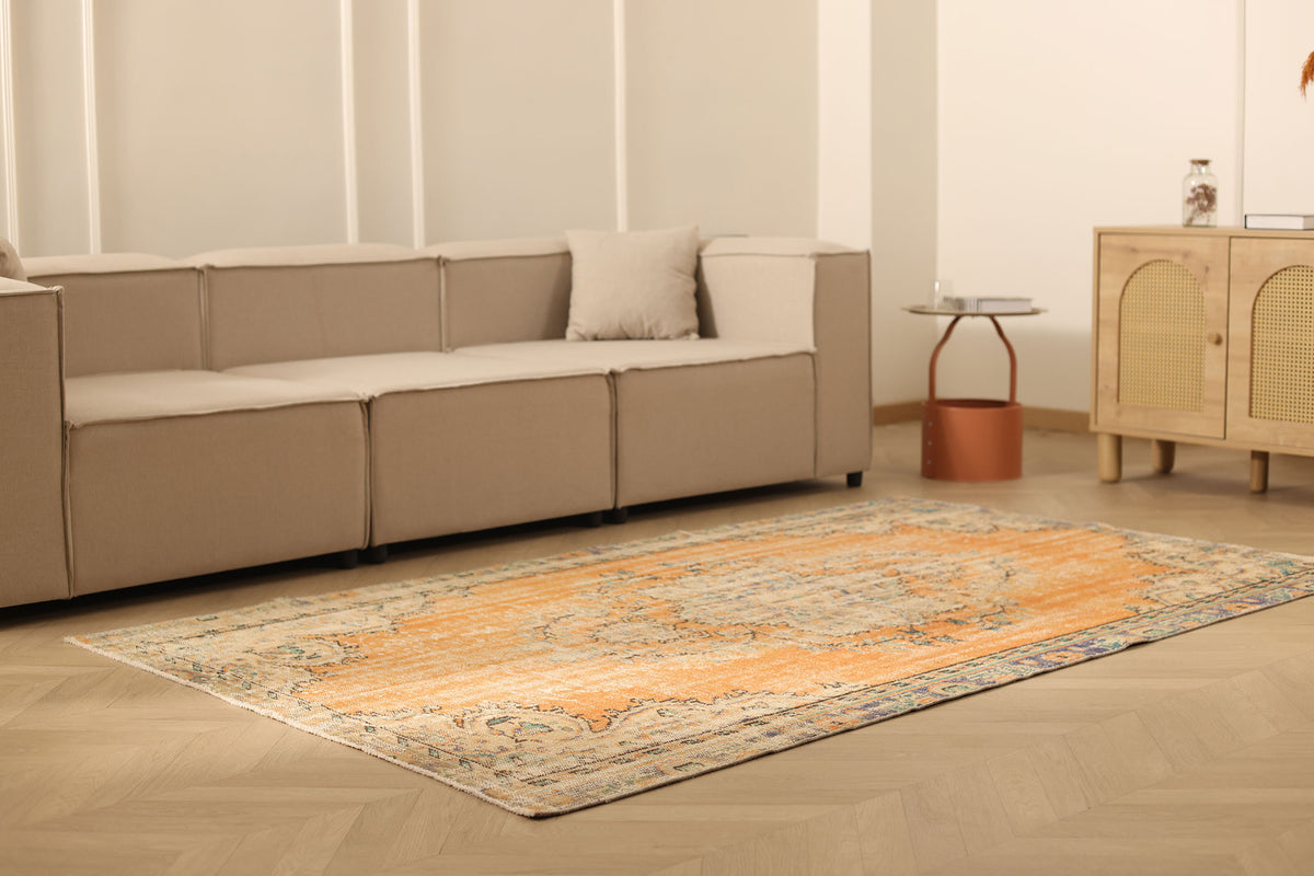 Vintage Manisa Turkish Area Rug 5x8 ft — Orange & Blue Distressed (No. 40192)