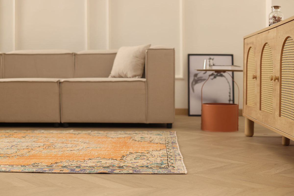 Vintage Manisa Turkish Area Rug 5x8 ft — Orange & Blue Distressed (No. 40192)