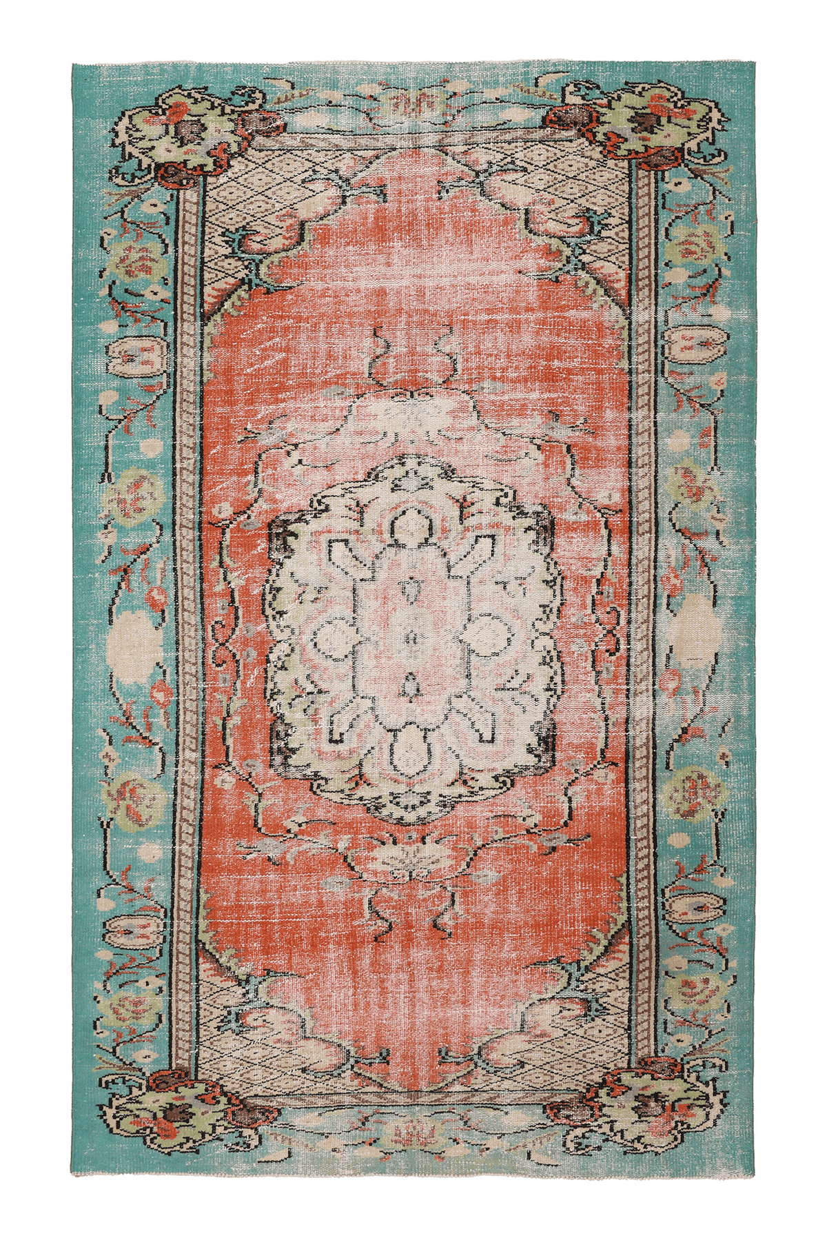Vintage Manisa Turkish Area Rug 5x8 ft — Orange & Blue Floral