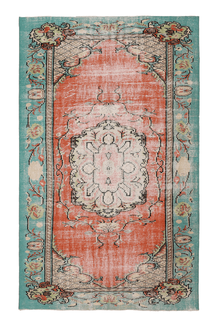 Vintage Manisa Turkish Area Rug 5x8 ft — Orange & Blue Floral