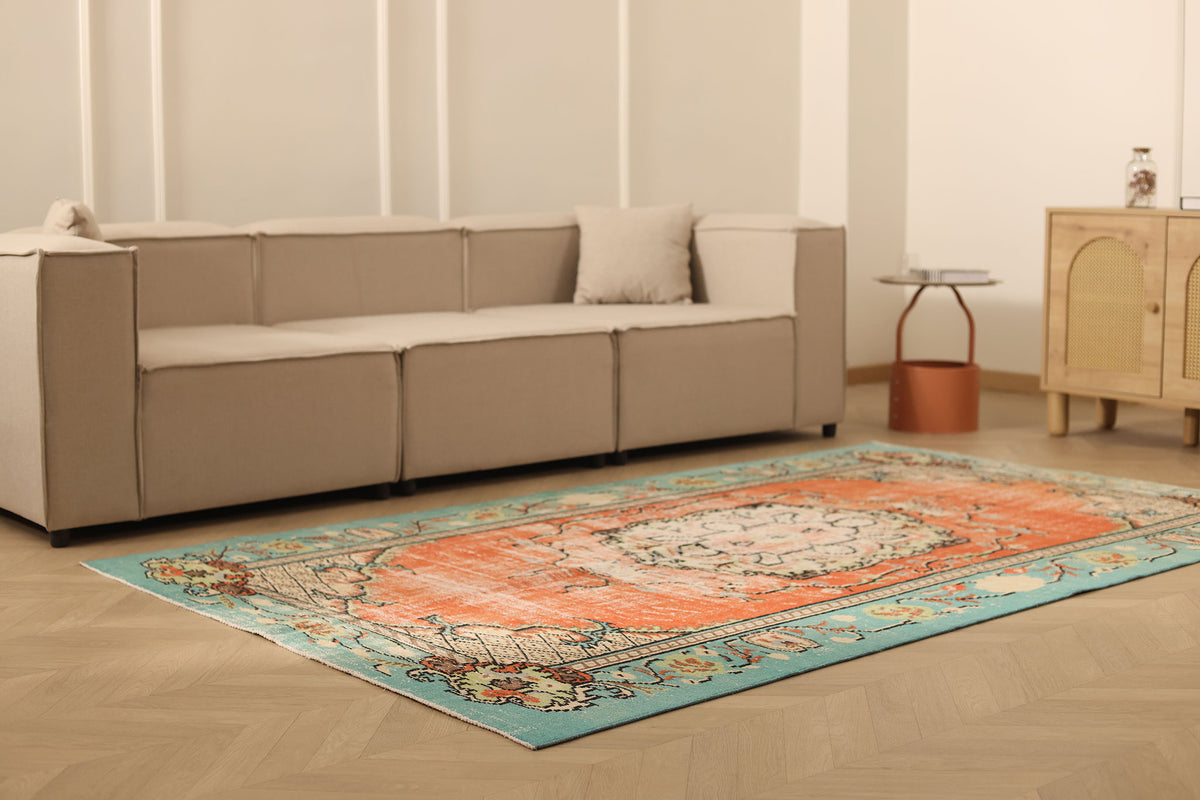 Vintage Manisa Turkish Area Rug 5x8 ft — Orange & Blue Floral