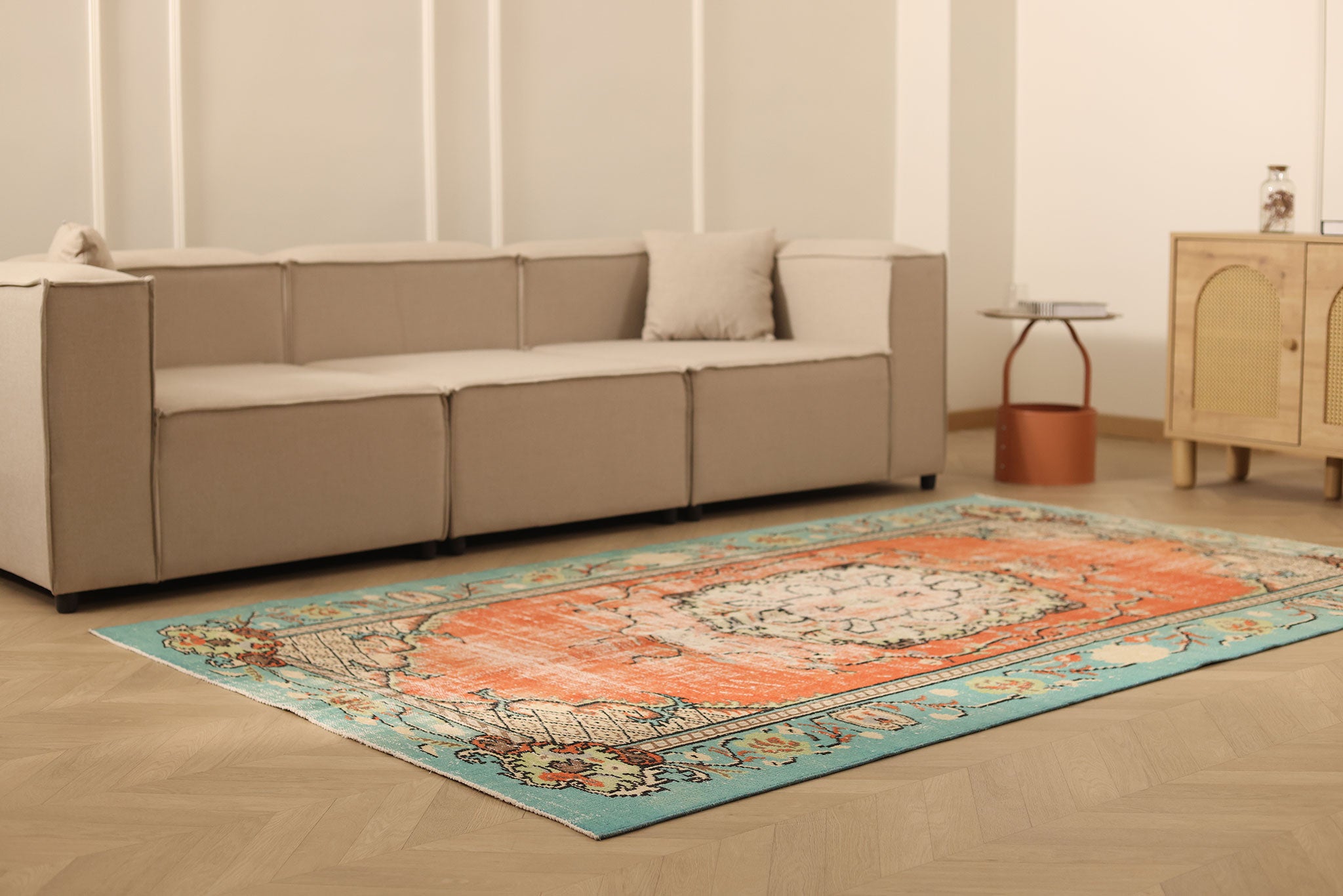 Vintage Manisa Turkish Area Rug 5x8 ft — Orange & Blue Floral