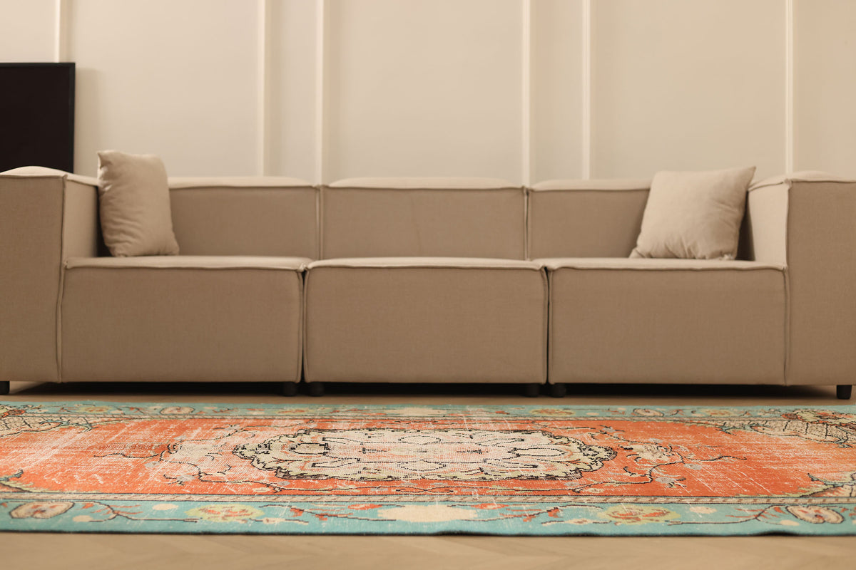 Vintage Manisa Turkish Area Rug 5x8 ft — Orange & Blue Floral
