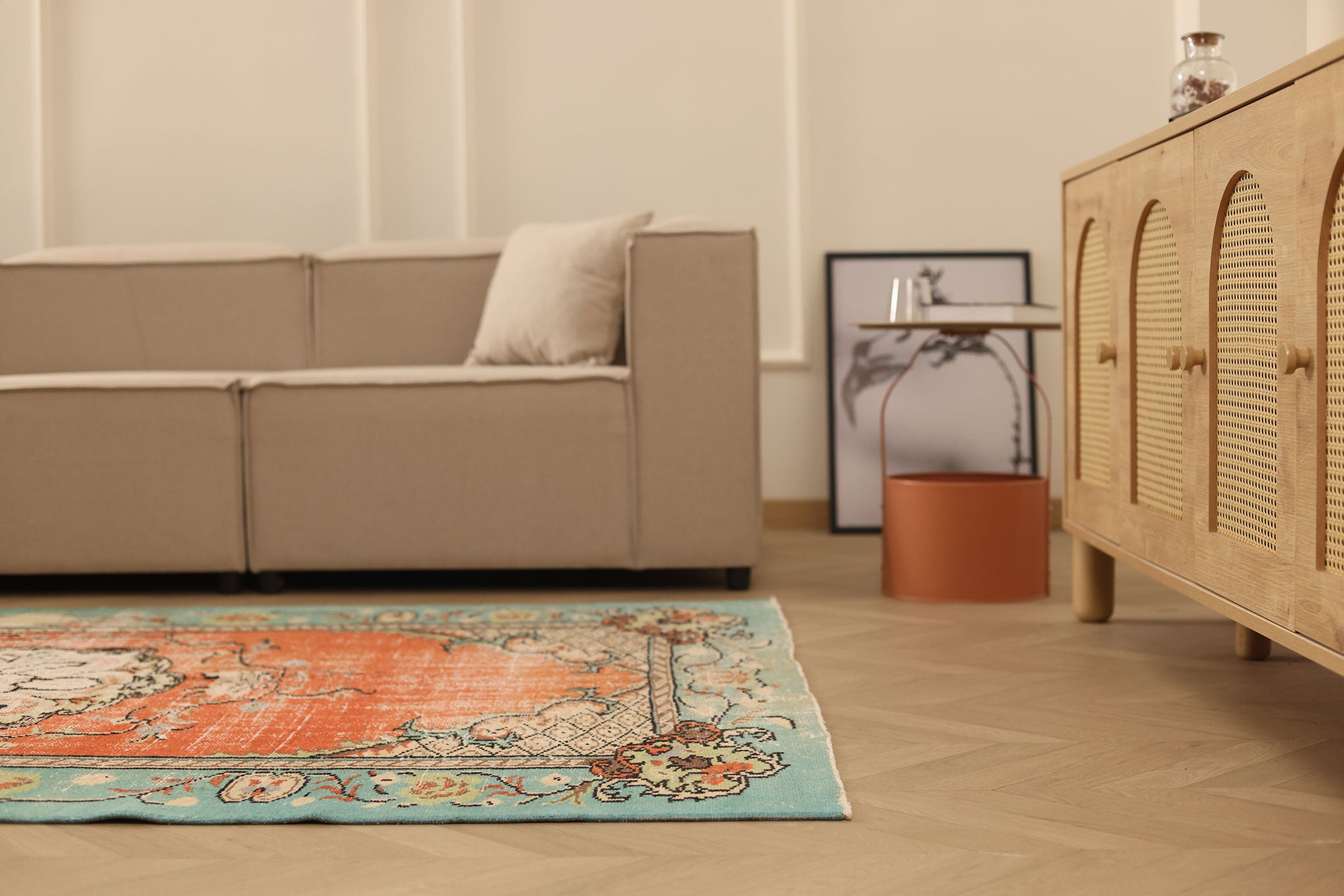 Vintage Manisa Turkish Area Rug 5x8 ft — Orange & Blue Floral