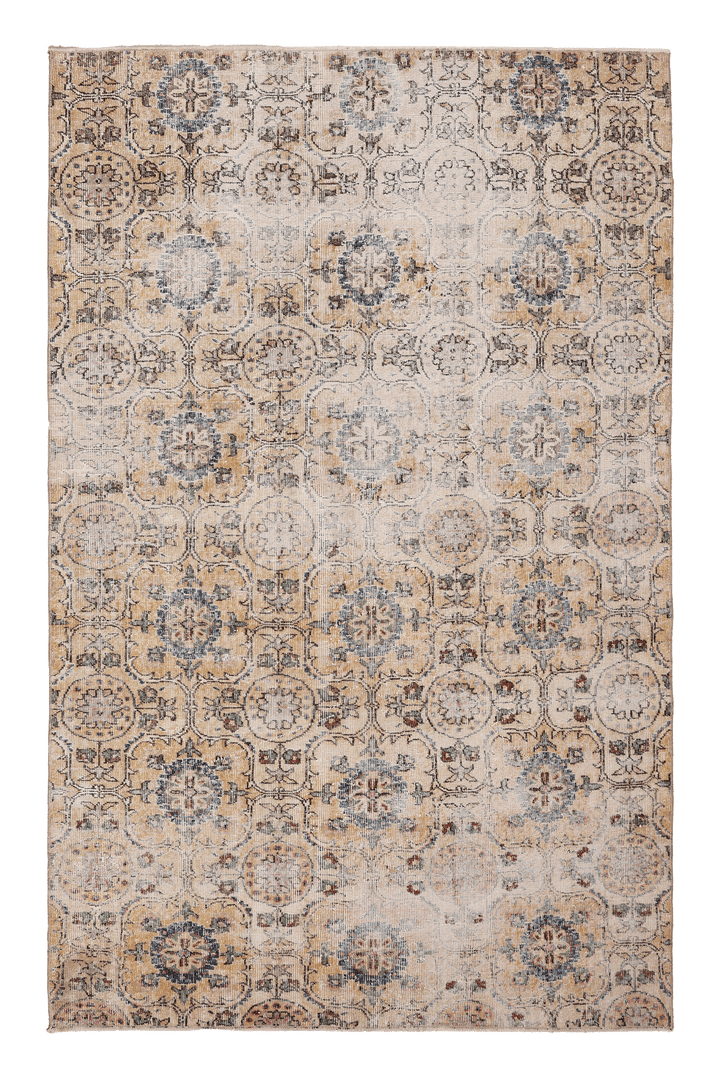 Vintage Isparta Turkish Area Rug 5x8 ft — Beige & Blue Floral (No. 40195)