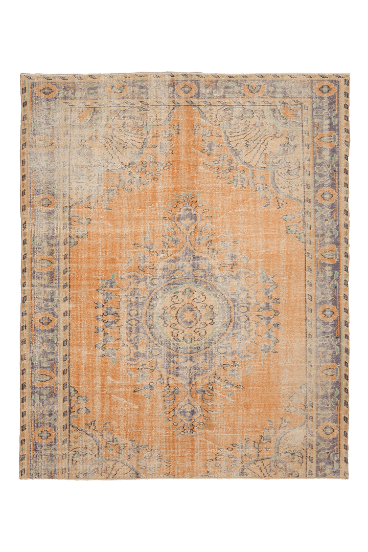 Vintage Manisa Turkish Area Rug 6x7 ft — Orange & Blue Floral
