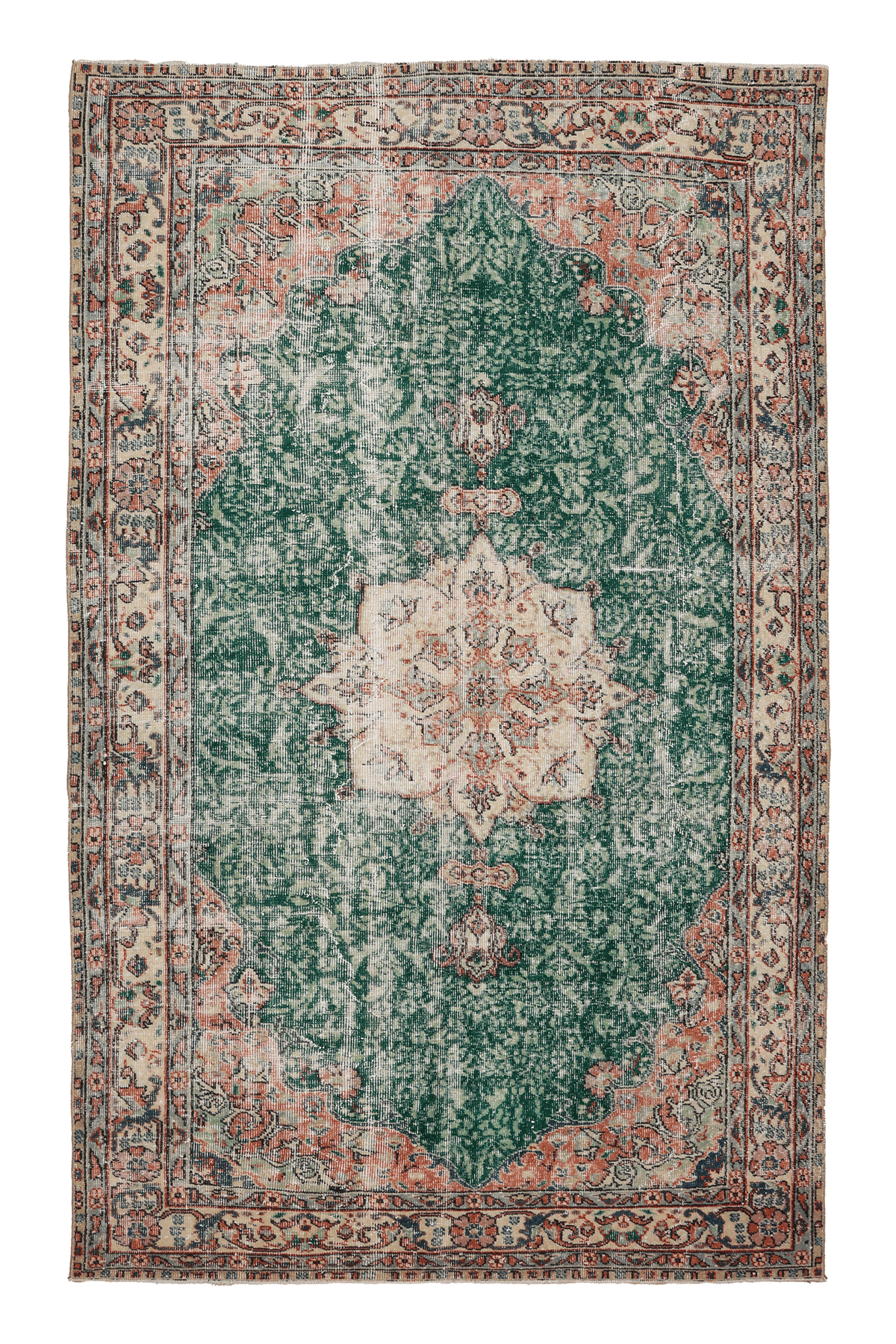 Vintage Isparta Turkish Area Rug 5x9 ft — Green & Beige Floral