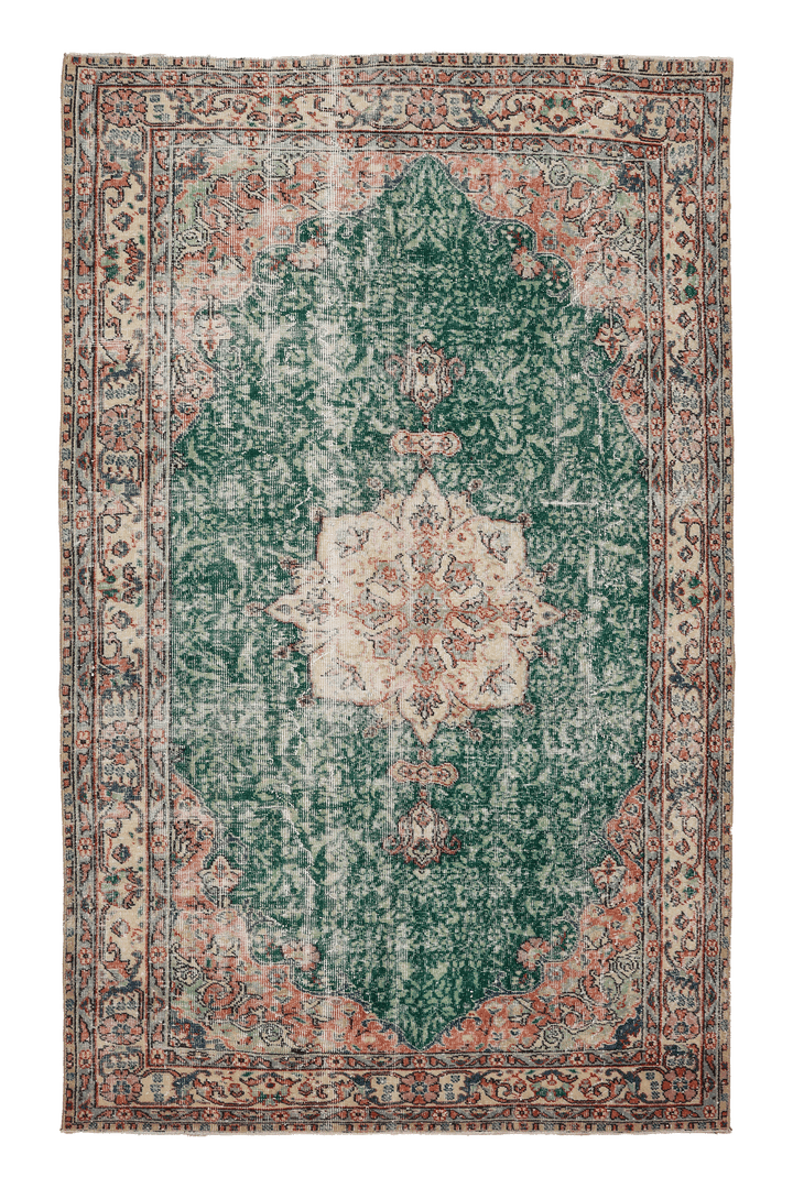 Vintage Isparta Turkish Area Rug 5x9 ft — Green & Beige Floral