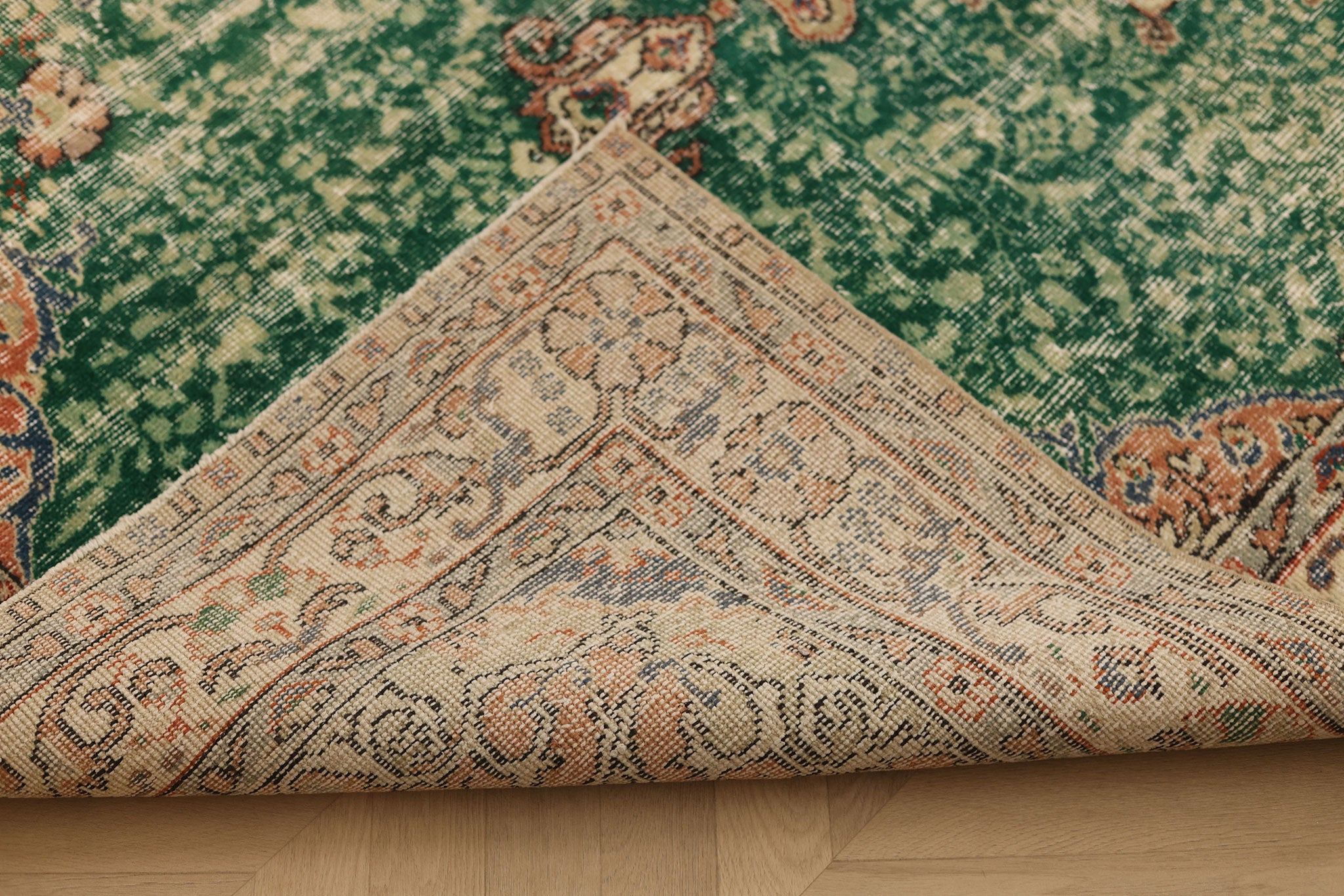 Vintage Isparta Turkish Area Rug 5x9 ft — Green & Beige Floral