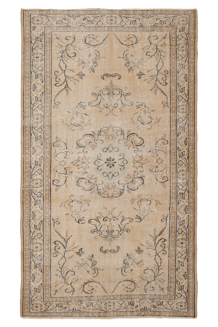 Vintage Manisa Turkish Area Rug 5x9 ft — Beige & Brown Floral (No. 40204)