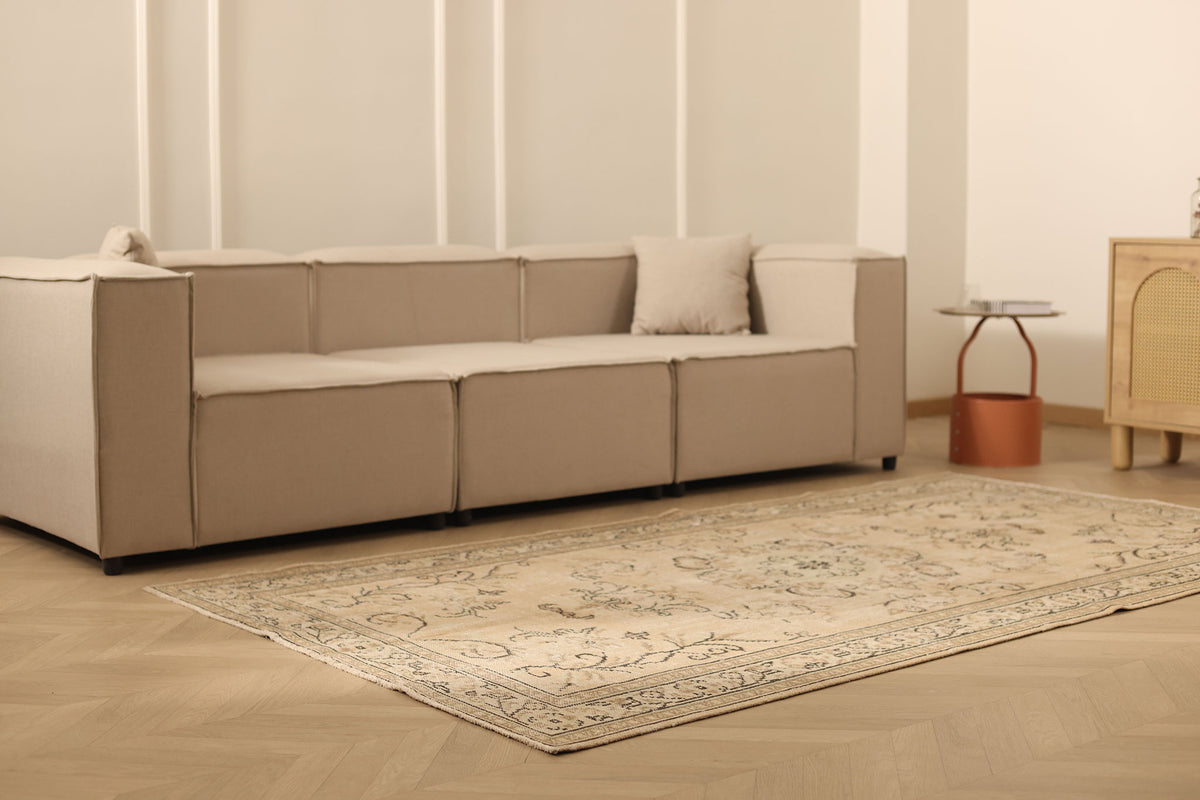 Vintage Manisa Turkish Area Rug 5x9 ft — Beige & Brown Floral (No. 40204)