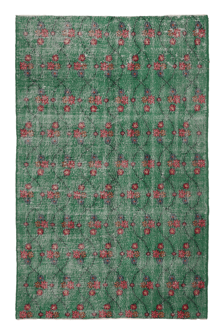 Vintage Isparta Turkish Area Rug 5x8 ft — Green & Pink Floral