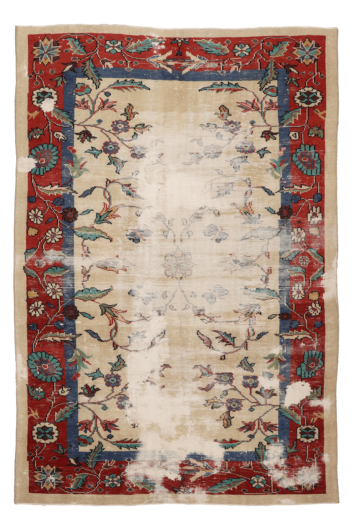 Vintage Isparta Turkish Area Rug 5x8 ft — Beige & Red Distressed