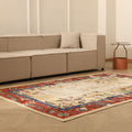 Vintage Isparta Turkish Area Rug 5x8 ft — Beige & Red Distressed