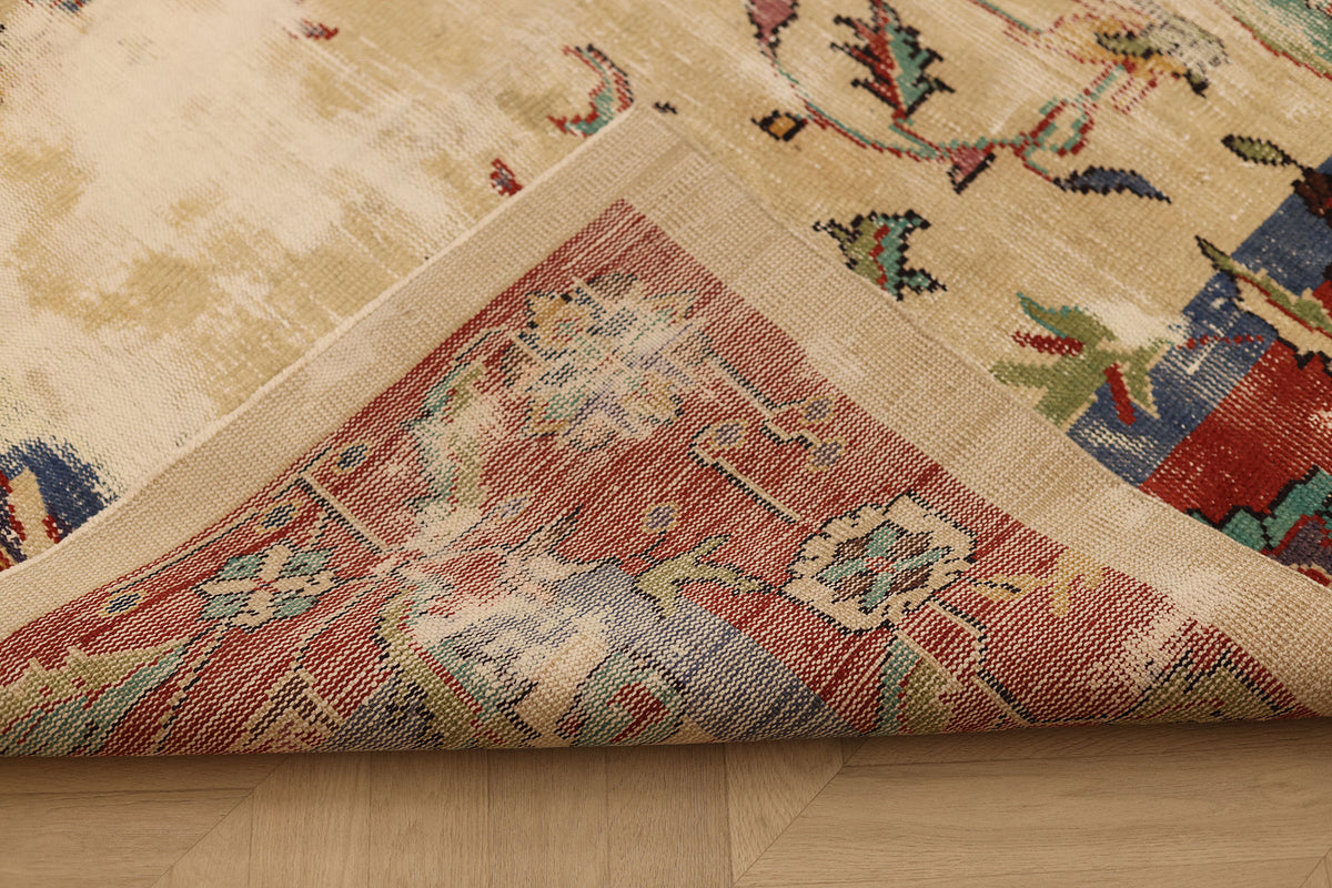 Vintage Isparta Turkish Area Rug 5x8 ft — Beige & Red Distressed