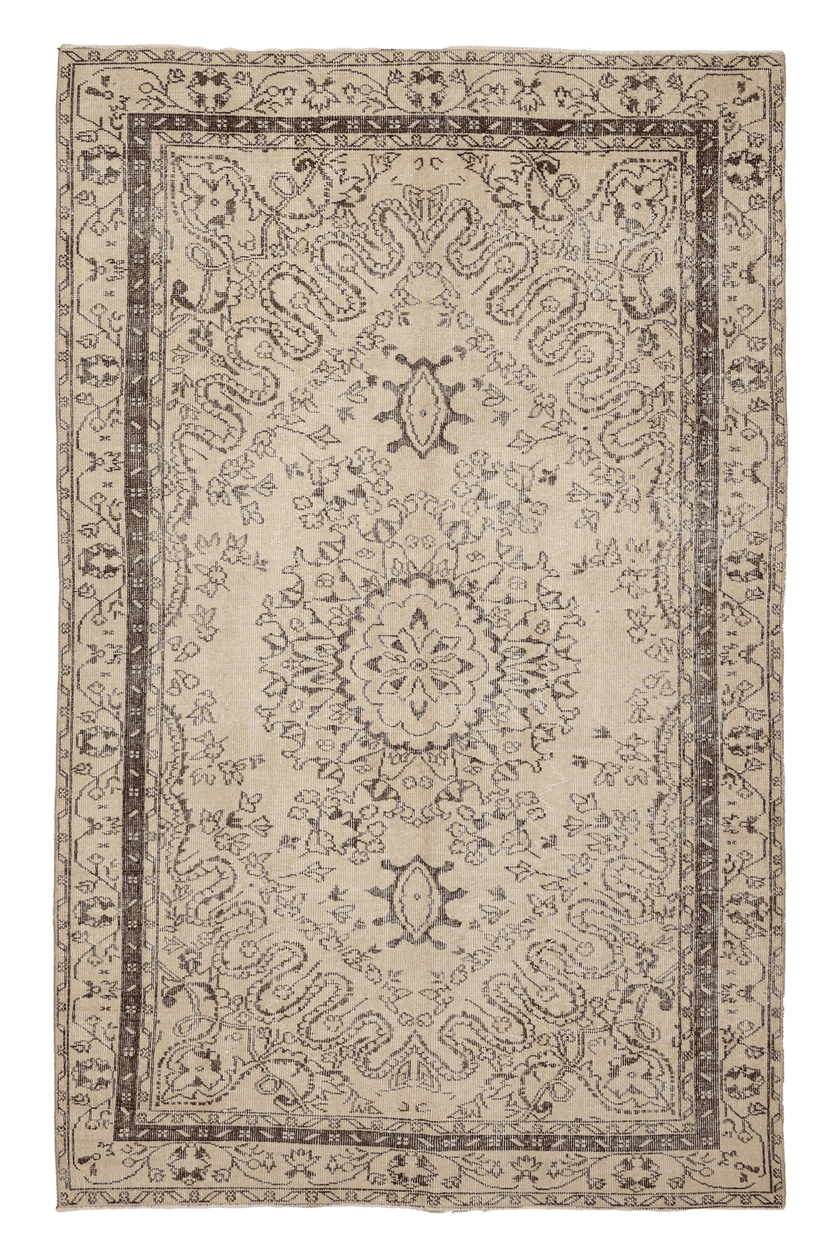 Vintage Isparta Turkish Area Rug 5x8 ft — Beige & Brown Floral (No. 40208)